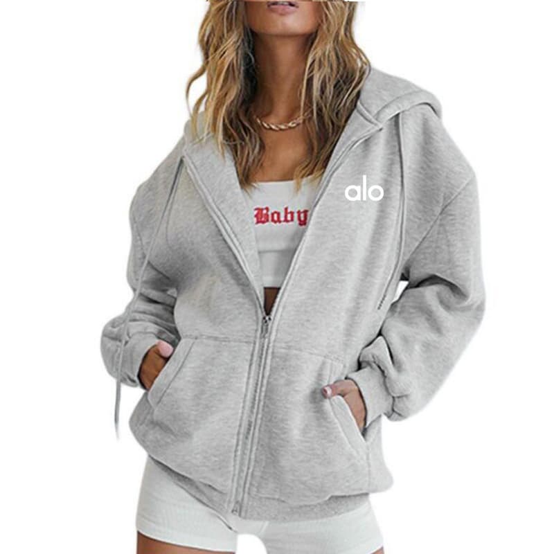 Sweat à capuche ample et zippé pour femme, logo brodé, manches longues, style décontracté et sportif