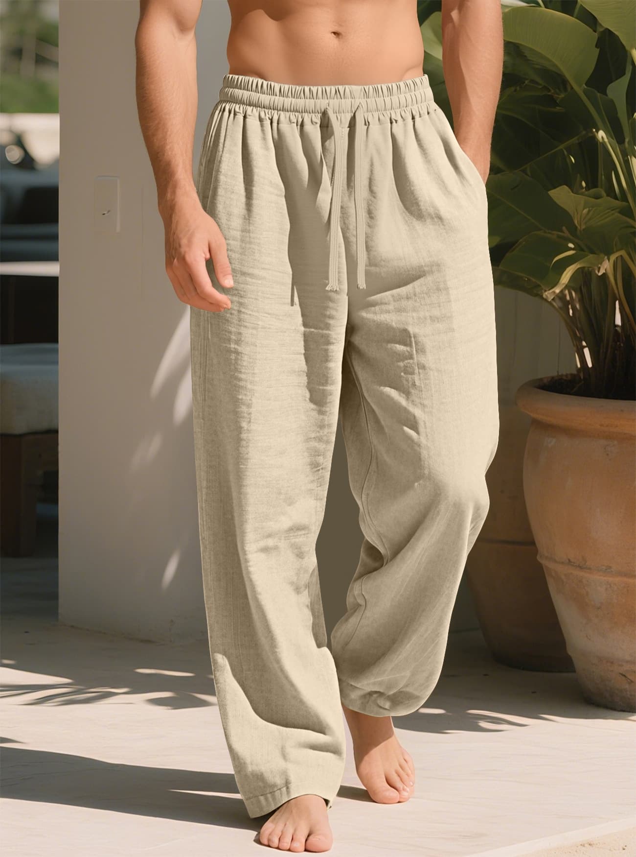 Men's Casual Wide Leg Pants Loose Fit Cotton Linen Blend Long Trousers Mid Waist All Season Comfortable