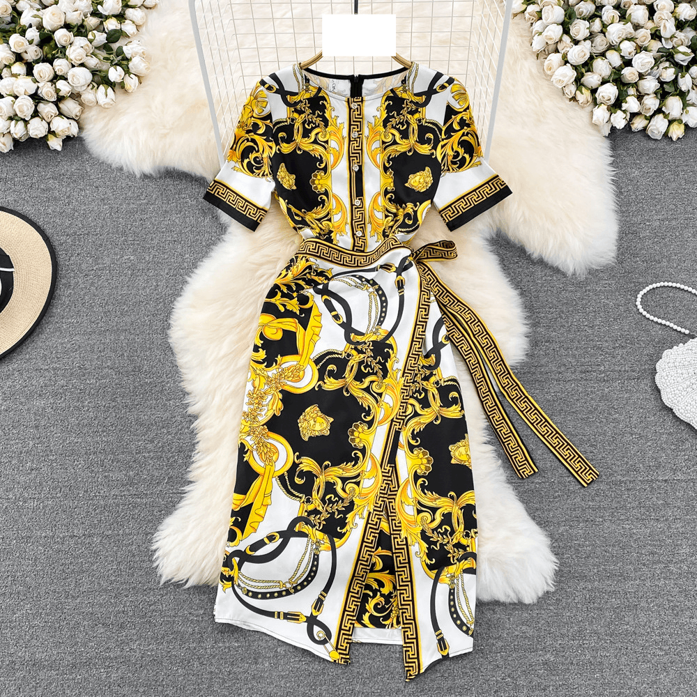 Women's High-end Temperament Round Neck Short-sleeved Printed Color Waist Lace-up Slimming Irregular A-line Dress For Women