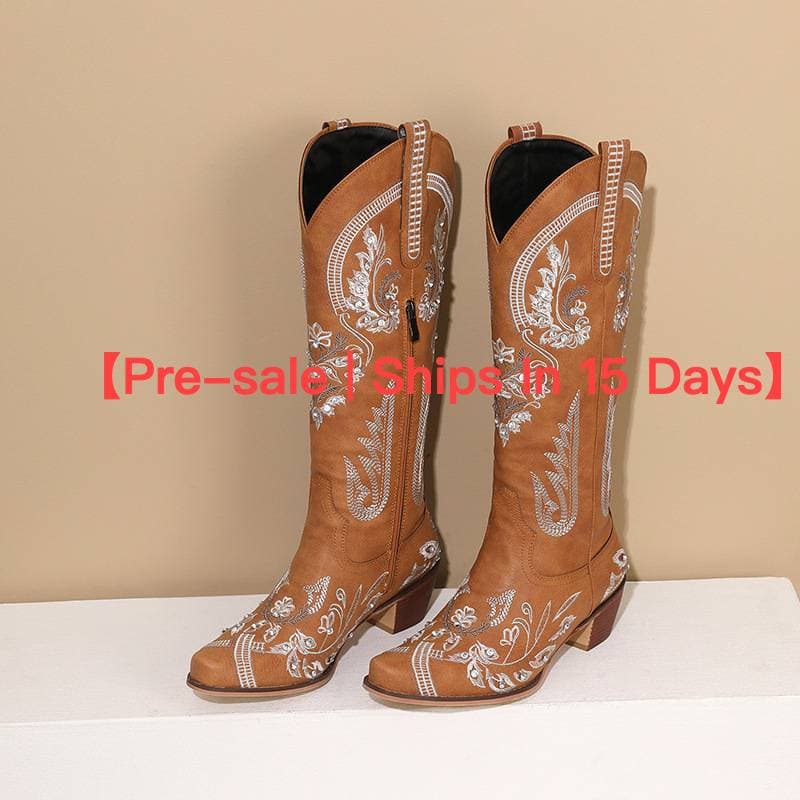 【Pre-sale | Ships In 15 Days】Women's Embroidered Rhinestone Chunky Heels With Side Zipper High Leg Fashion Western Boots For Women