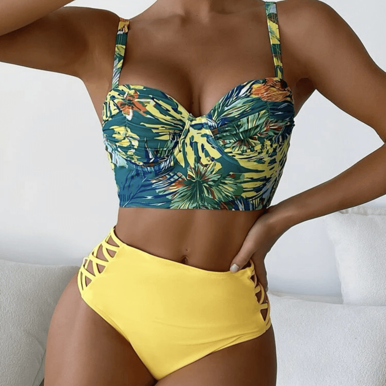 Women's Clothing New Sexy Hard Cup Steel Support Printed Split Swimsuit Bikini