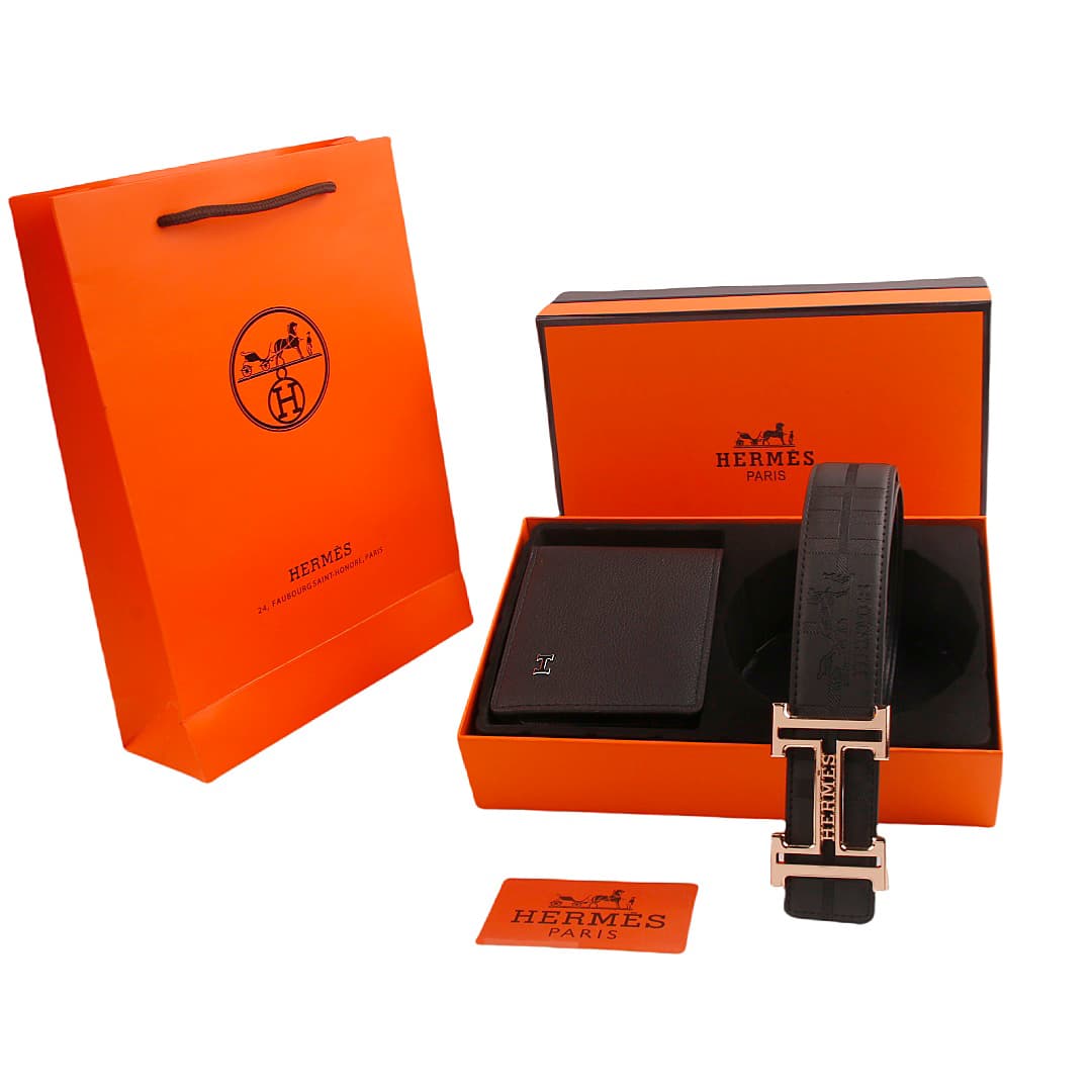Ensemble portefeuille et ceinture pour homme en cuir noir avec boucle en H
