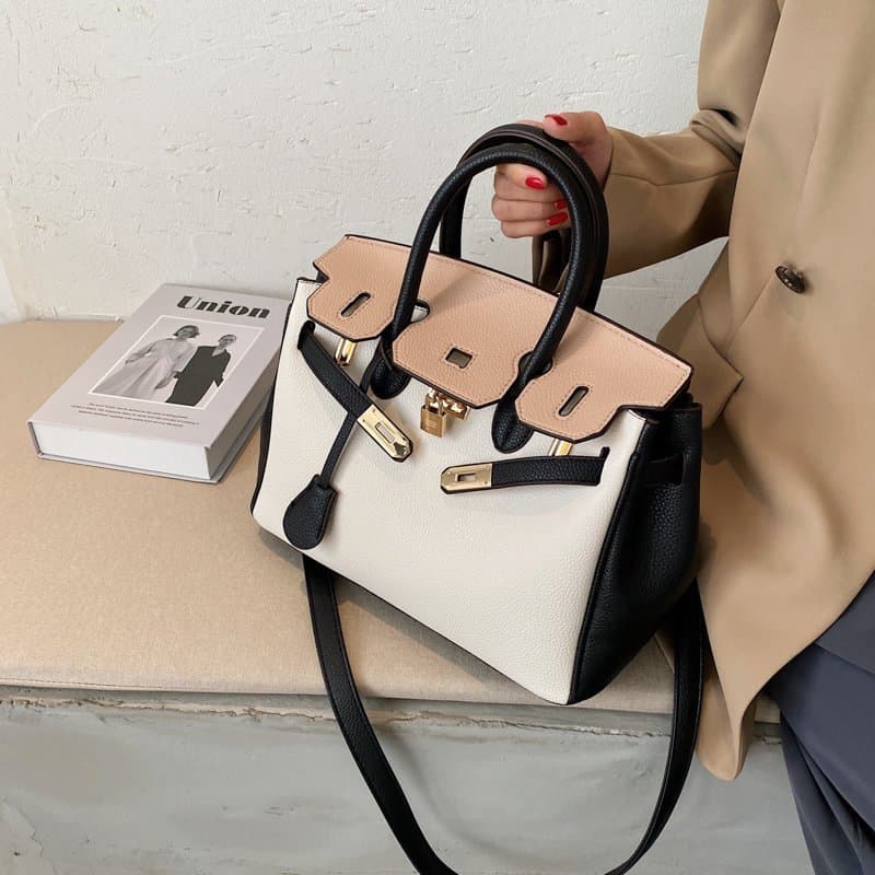 Sac Birkin transfrontalier de grande capacité, sac à main de mode rétro pour femme, commerce extérieur, nouveau grain de litchi, couleur contrast