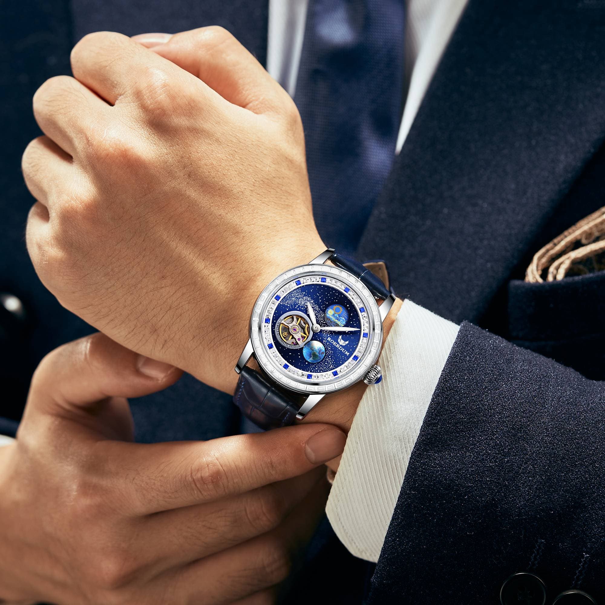 ROERDUM Wandering Planet - Leather Strap, Blue Dial, Trendy Men's Mechanical Watch