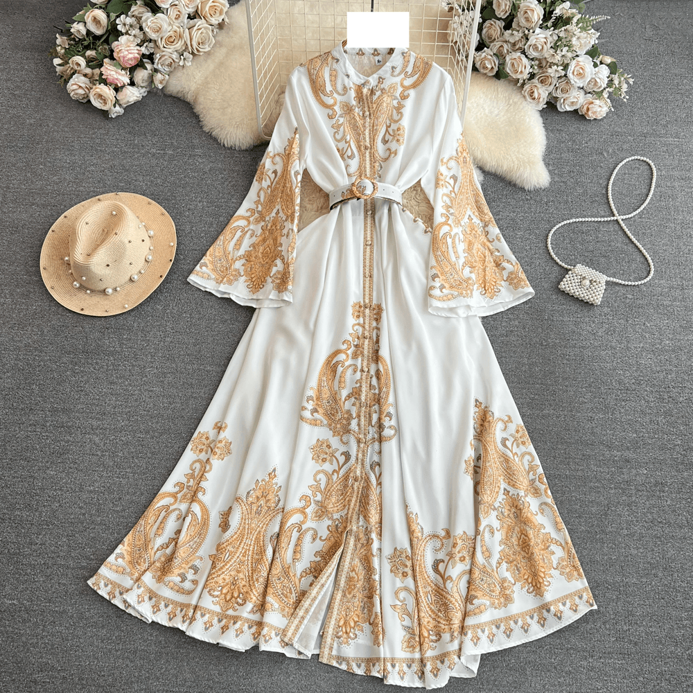 Women's clothing palace style temperament trumpet long sleeve lapel waist single breasted a-line positioning print dress dress for women