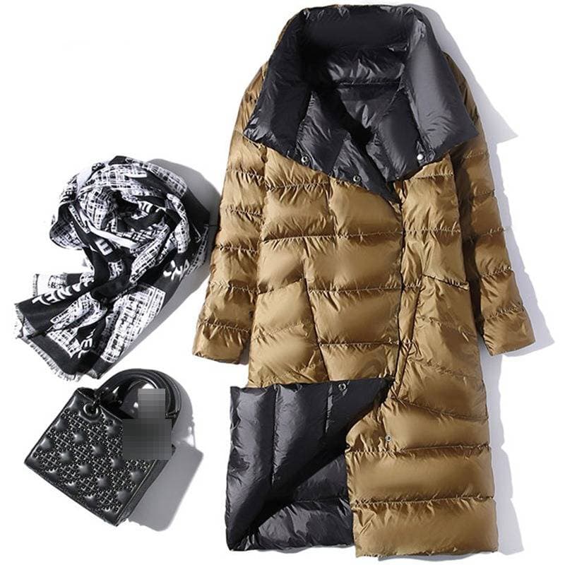 Reversible Long Women's Down Coat With Oversized Lapel, Knee-Length Warm Winter Jacket, Dual-Tone Design For Fall & Winter