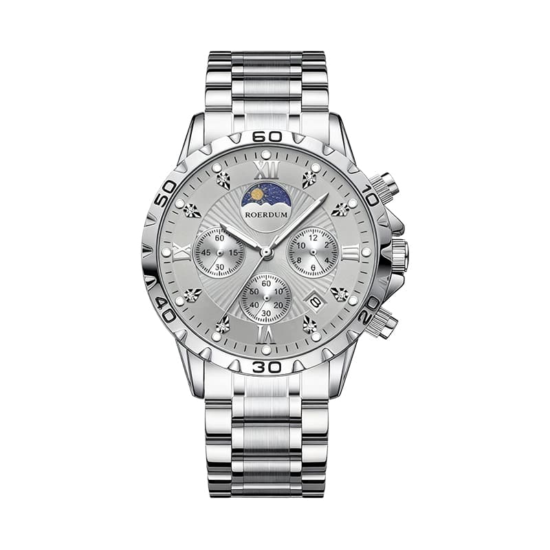 ROERDUM Fashion Trend Business Men's Watch Stainless Steel Strap Multi Functional Calendar Adjustment Night Light Perpetual Calendar Watch