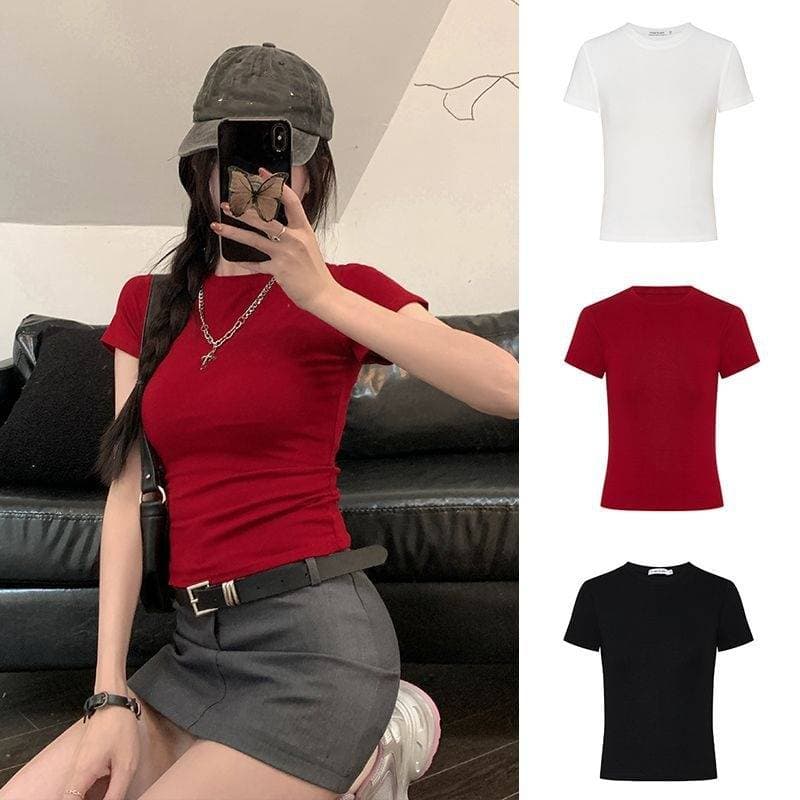 Women's Clothing Big Chest Pinch Waist Straight Shoulder T Shirt White Short Sleeve Hot Girl Short