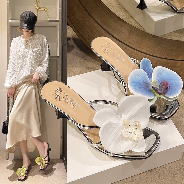Women's Shoes Summer New Three Dimensional Flower Stiletto Slippers Women's Outdoor Open Toed Square Head High Heels Fashion Women's Shoes