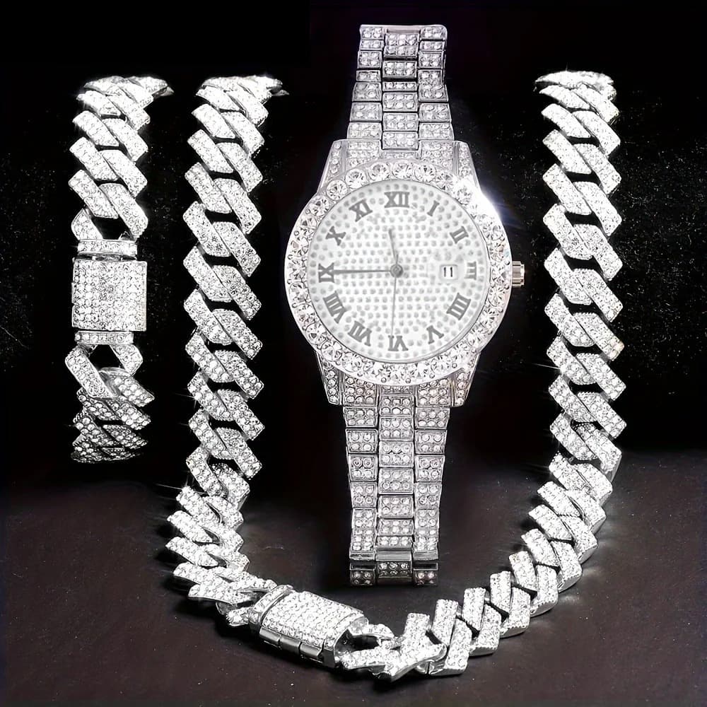 Ensemble de bijoux unisexe à quartz : montre, bracelet et collier, coffret cadeau, accessoires de mode style diamant et cristal 3 pièces