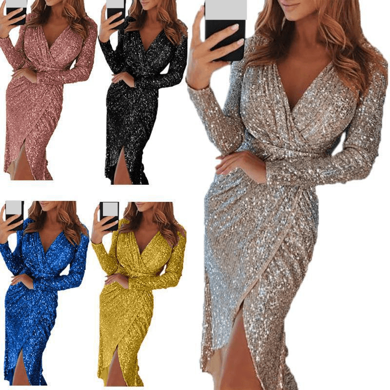 Women's Clothing new hot stamping sexy long sleeve mid length skirt V neck dress evening slit slim dress female