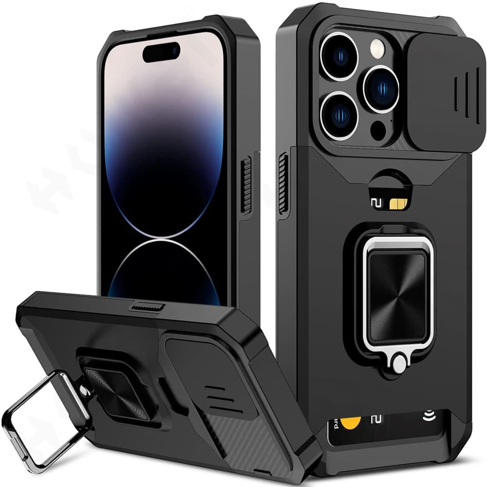 Case For iPhone 15 14 13 12 11 Pro Max XS XR Slide Camera Card Holder Heavy Duty Protective Ring Magnetic Kickstand