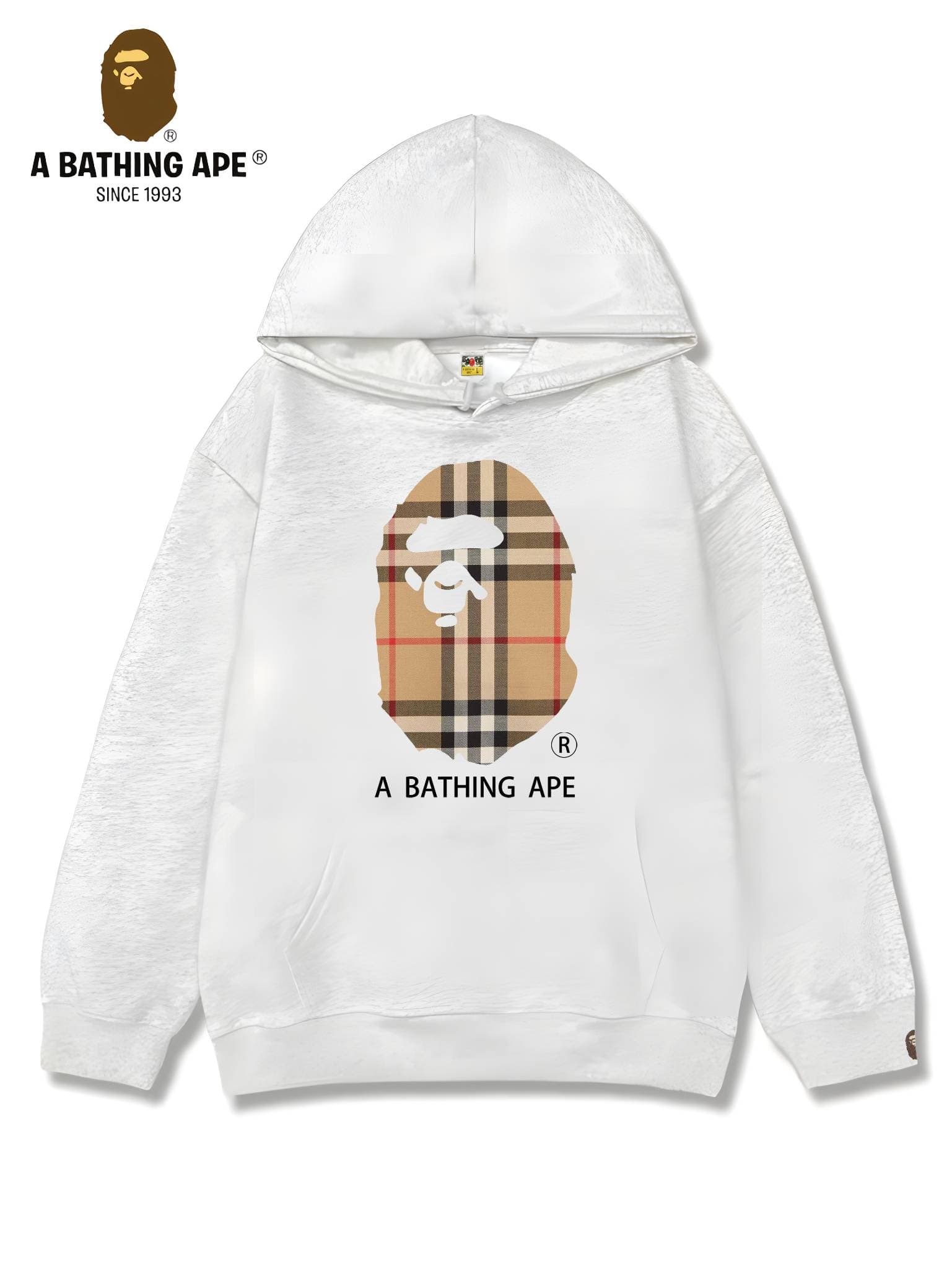 Sweat à capuche unisexe imprimé tête de singe à rayures et logo imprimé, collaboration BAPE-BAPE&BURBERRY