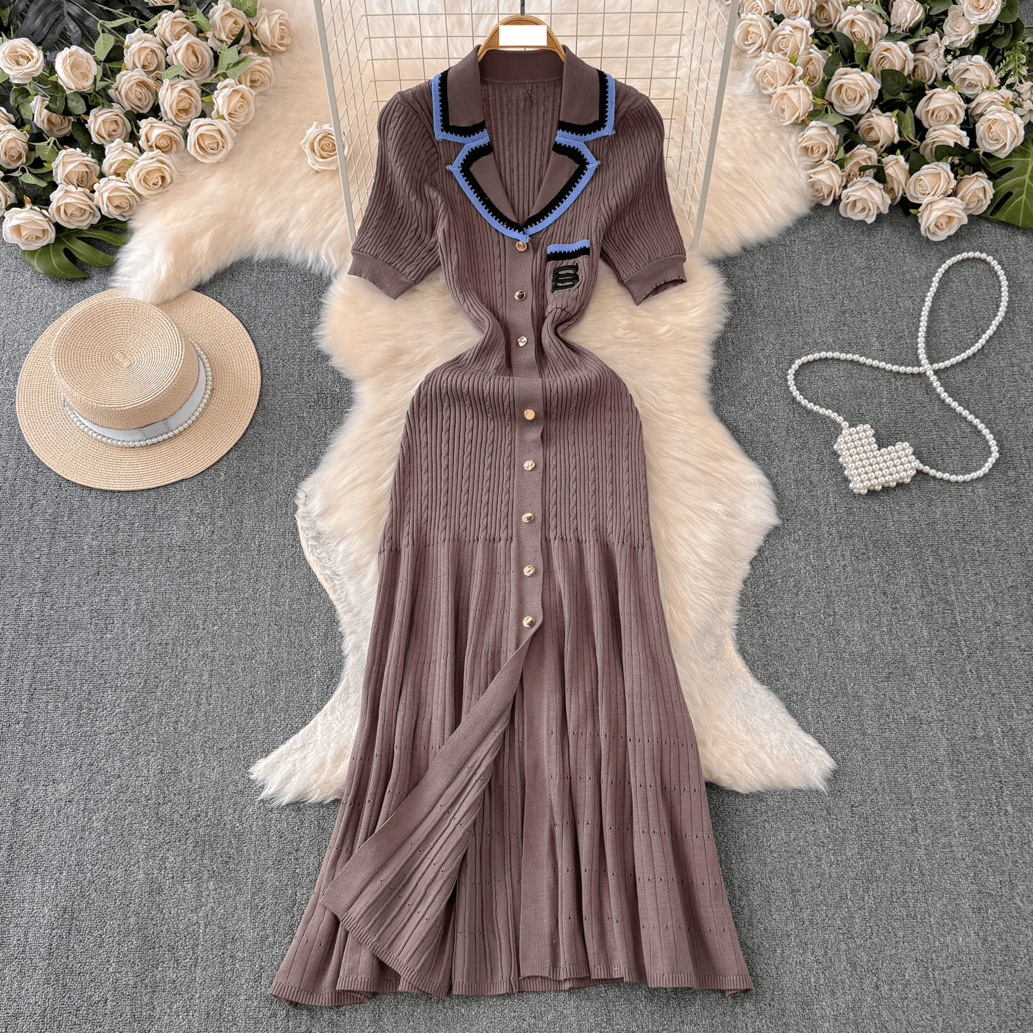 Women's Clothing Autumn And Winter Celebrity Short Sleeved Contrasting Color Embroidery Suit Collar Waist Slim Single Breasted A Line Knitted Dress