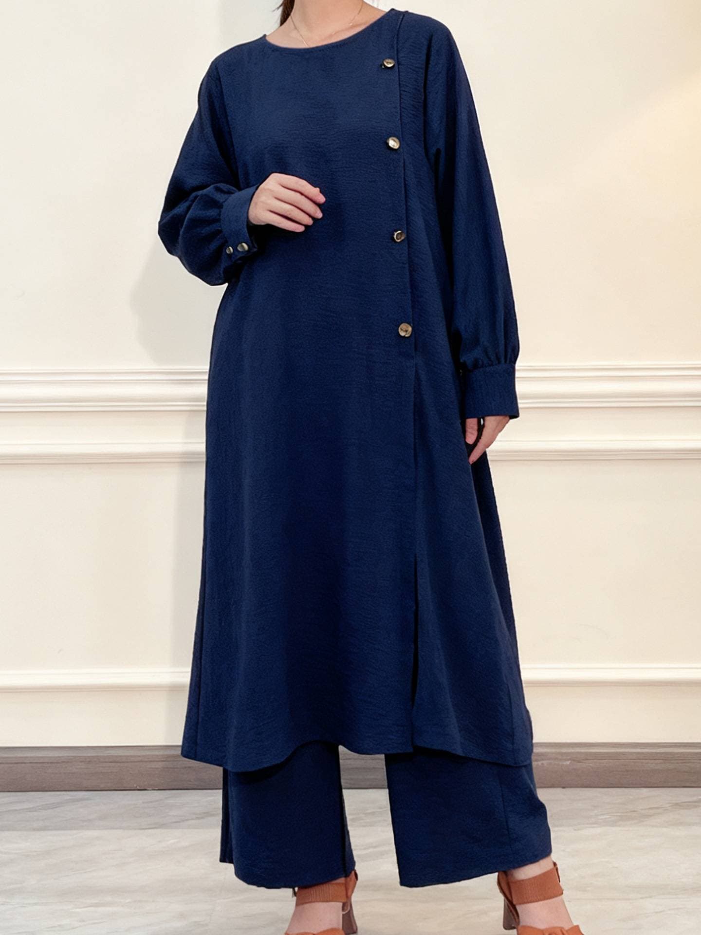 Hot Selling Top And Pants Set, Ethnic Suit, Solid Color Button, Traditional Suit
