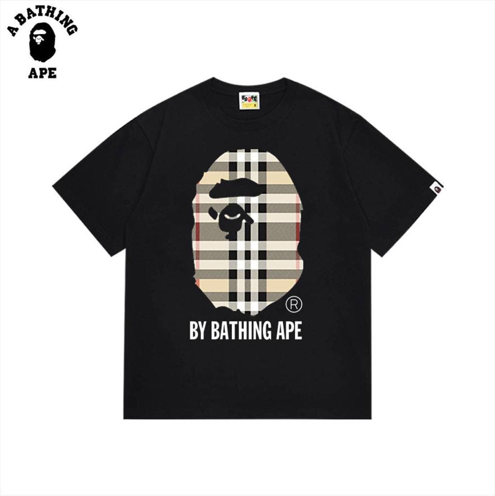 A BATHING APE BAPE&BB Checkered Striped Monkey Head Letter Print High-Quality Pure Cotton Short Sleeved Unisex2