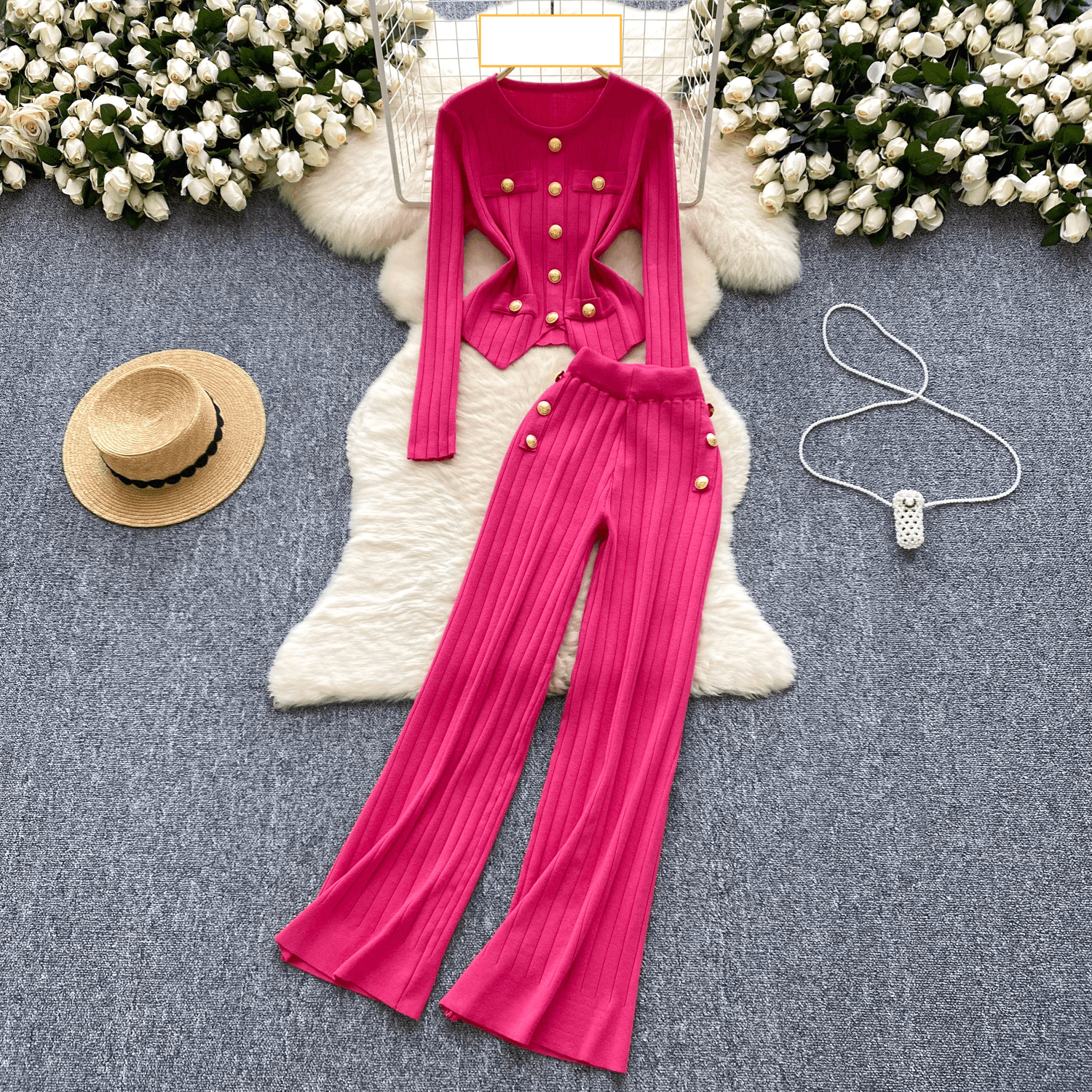 Women's Clothing style metal button round neck slim fit versatile long sleeved knitted sweater for women high waist casual pants two piece set