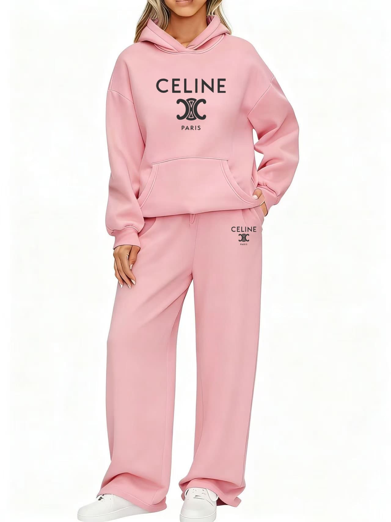 Ensemble de survêtement femme à capuche et pantalon de jogging, tenue décontractée, manches longues, style streetwear.