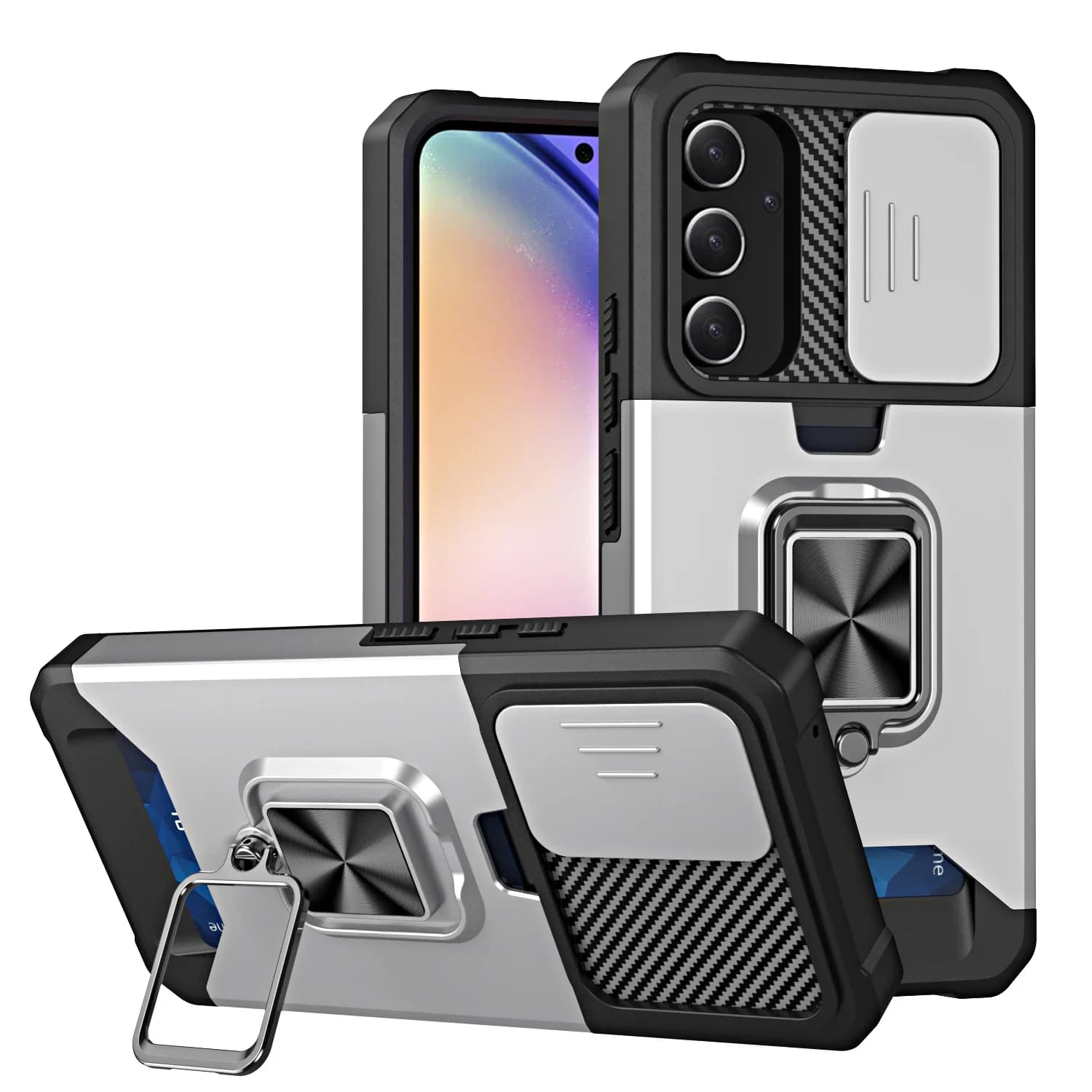 Coque antichoc Armor pour Samsung Galaxy S25 Ultra Plus S24FE A16 A06 A55, support d'anneau coulissant, objectif d'appareil photo, fente pour carte,
