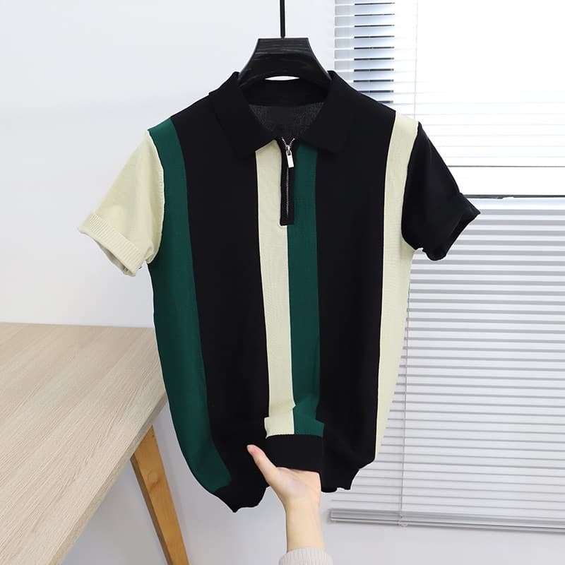 Men's Clothing Polo Shirt Short Sleeved T Shirt Fashion Lapel Stitching Contrast Color Knitted Sweater Casual Breathable T Shirt