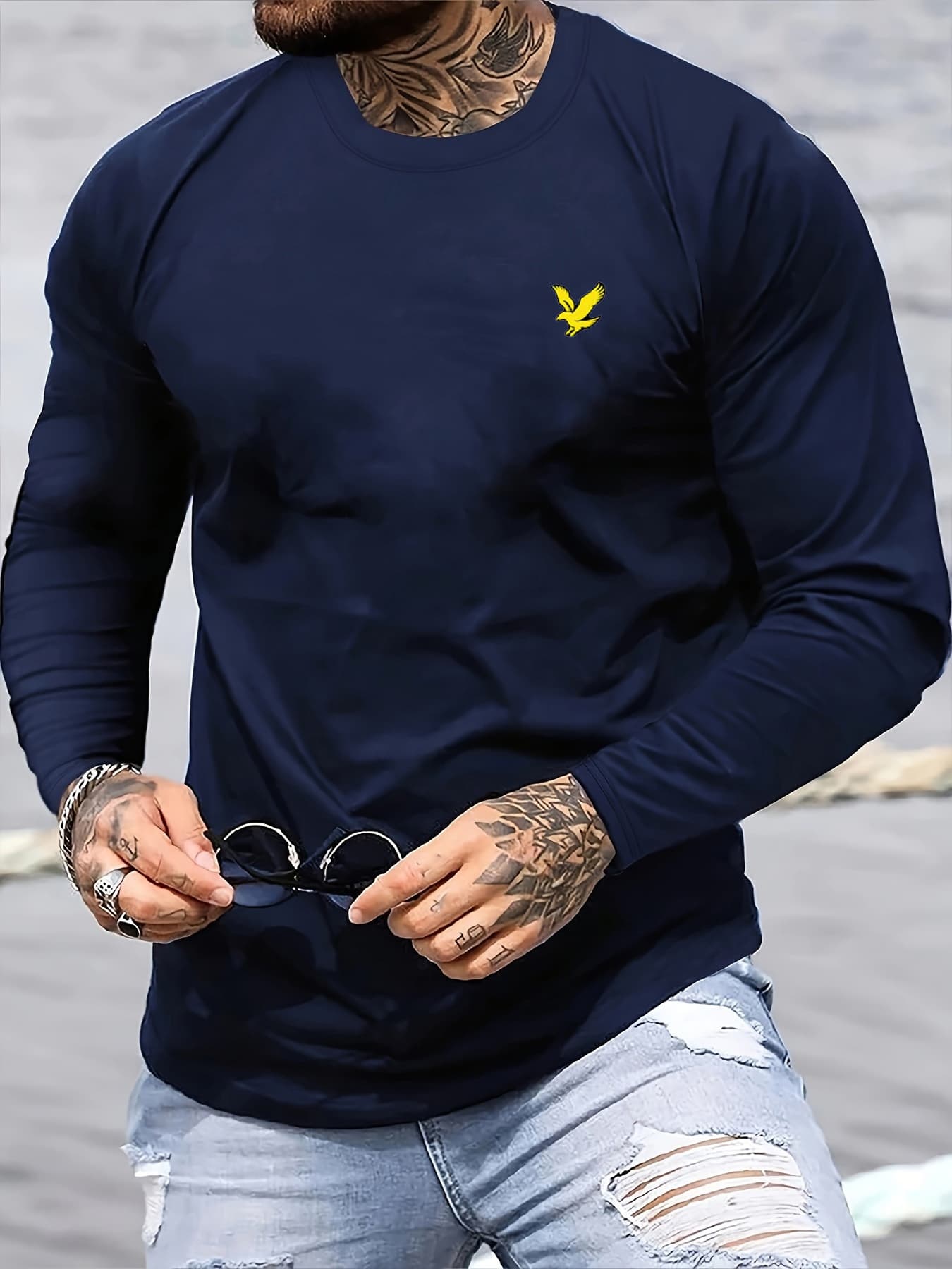 Men's Spring And Autumn Cotton Loose And Comfortable Versatile Eagle Pattern Printed Round Neck Long Sleeve T-shirt Top