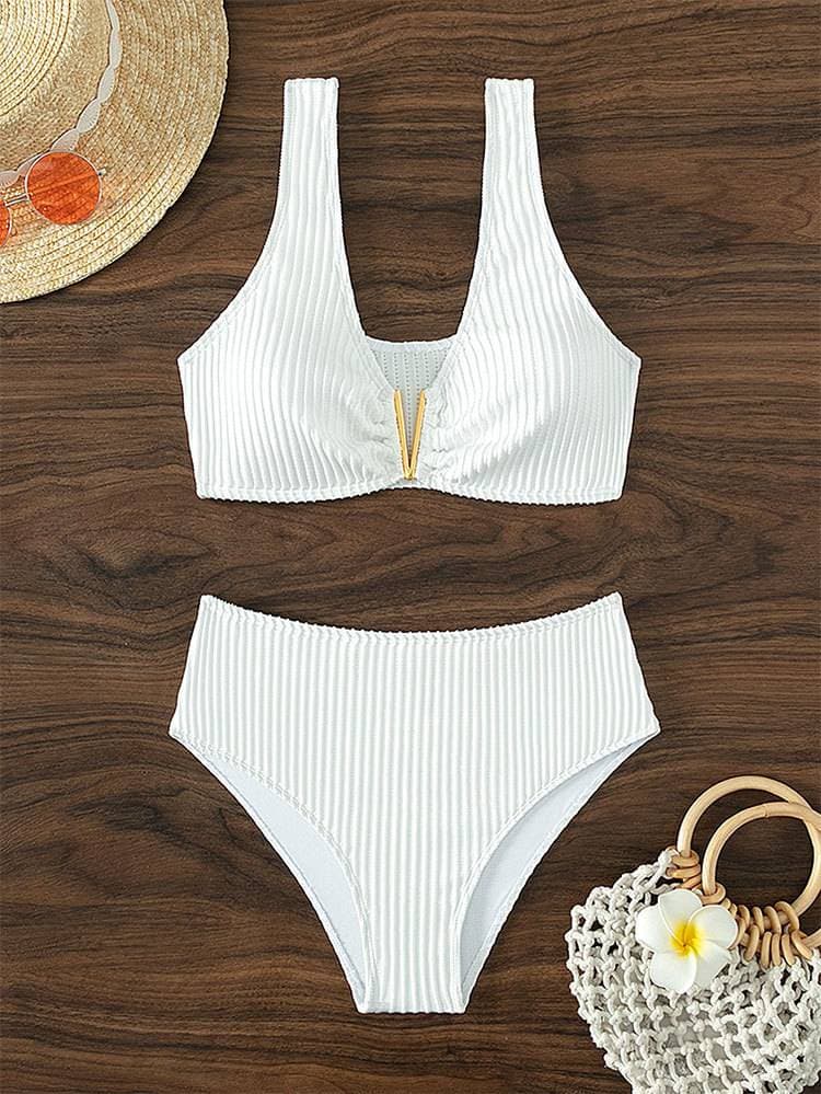 Women's Clothing Sexy Solid Color High Waist Bikini Beach Split Swimsuit Women's Swimwear
