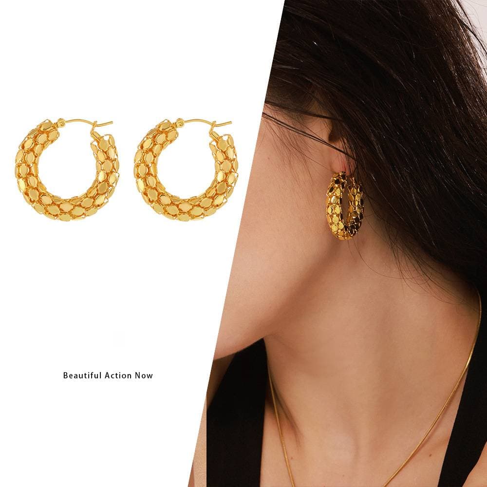 Square Sugar Fashion Personalized Earrings Women's Stainless Steel Geometric Round Fish Scale Hollow Splicing Earrings