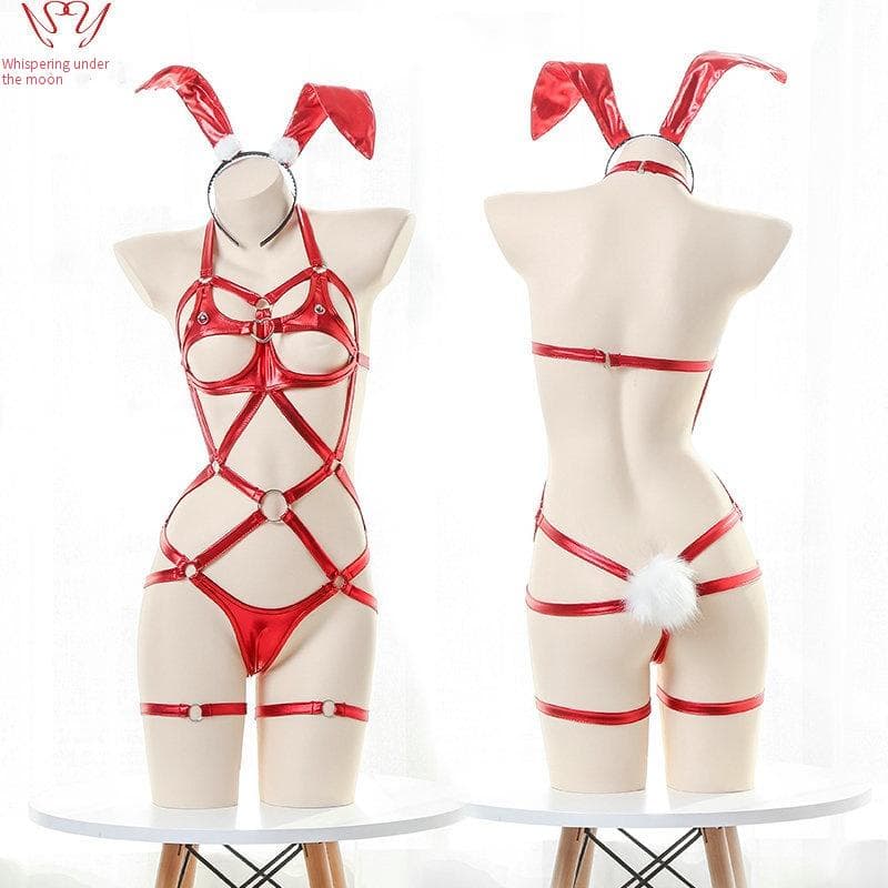 Sensual Leather Lingerie Set - Hollow-Out Bondage SM Bunny Costume With Collar, Adjustable Straps For Role Play & Adult Fun