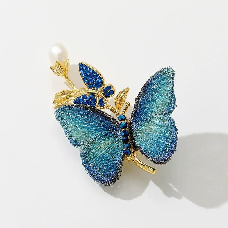 Ancient style blue embroidered butterfly brooch fabric niche high end brooch pressure pin accessories