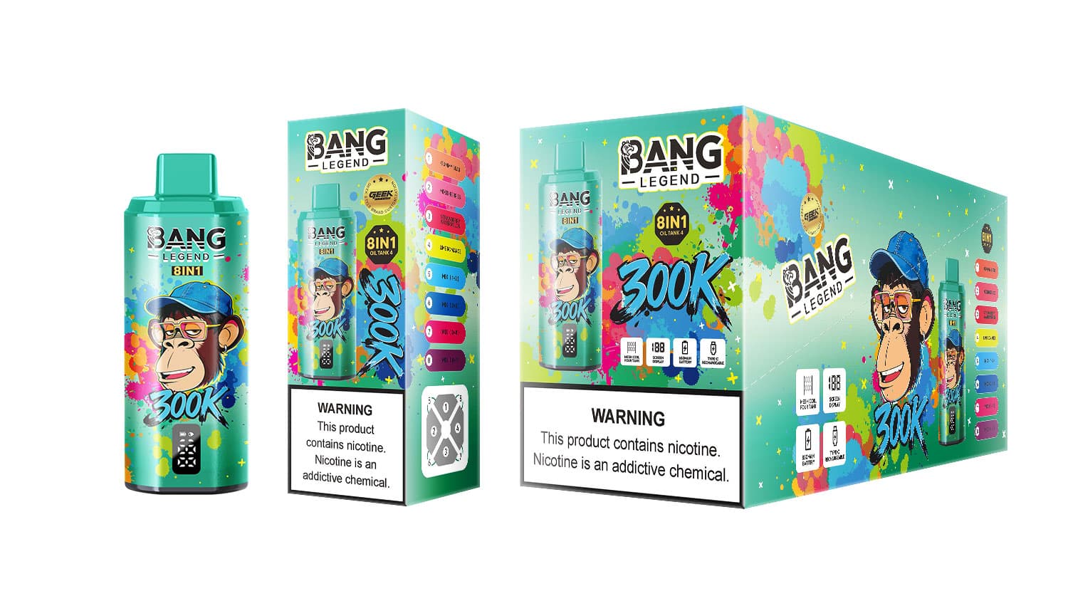 Bang Legend 300K 8 en 1 Vape jetable à huile de chicha, réservoir, 4 grands écrans numériques de comptage des bouffées, charge rapide USB-C, bat