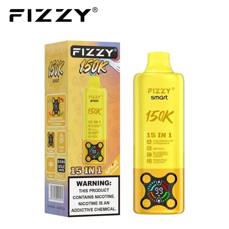 Vape rechargeable 4 en 1 Fizzy Smart 150K, écran numérique, 15 combinaisons de saveurs, 80 ml, 2 % de nicotine