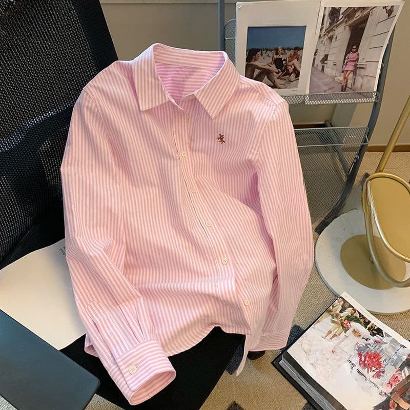 Elegant Pink Striped Polo Collar Blouse For Women, Spring Autumn Sweet Stylish Casual Shirt Top