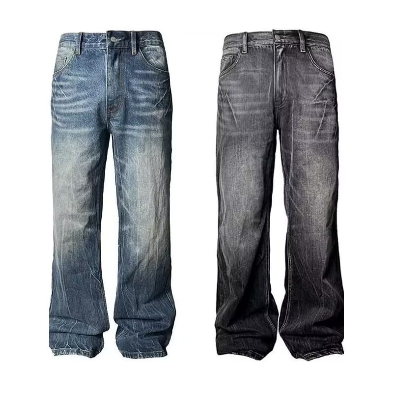 Men's Clothing Retro Dark Blue Lightning Cracked Jeans For Men And Women Loose Wide Leg Pants Washed Straight Flared Pants
