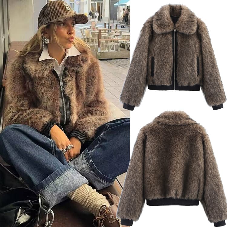 Women's Clothing Trendy Contrast-Trim Faux Fur Jacket – Winter Fashion Coat For Women"