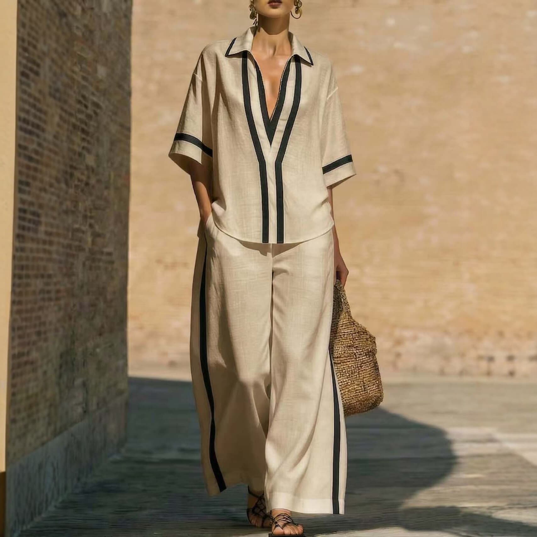 Women's 3D Contrast Stripe Casual Lounge Set Relaxed Fit Short-Sleeve Top And Wide-Leg Pants in Black White Pink Khaki Light Blue