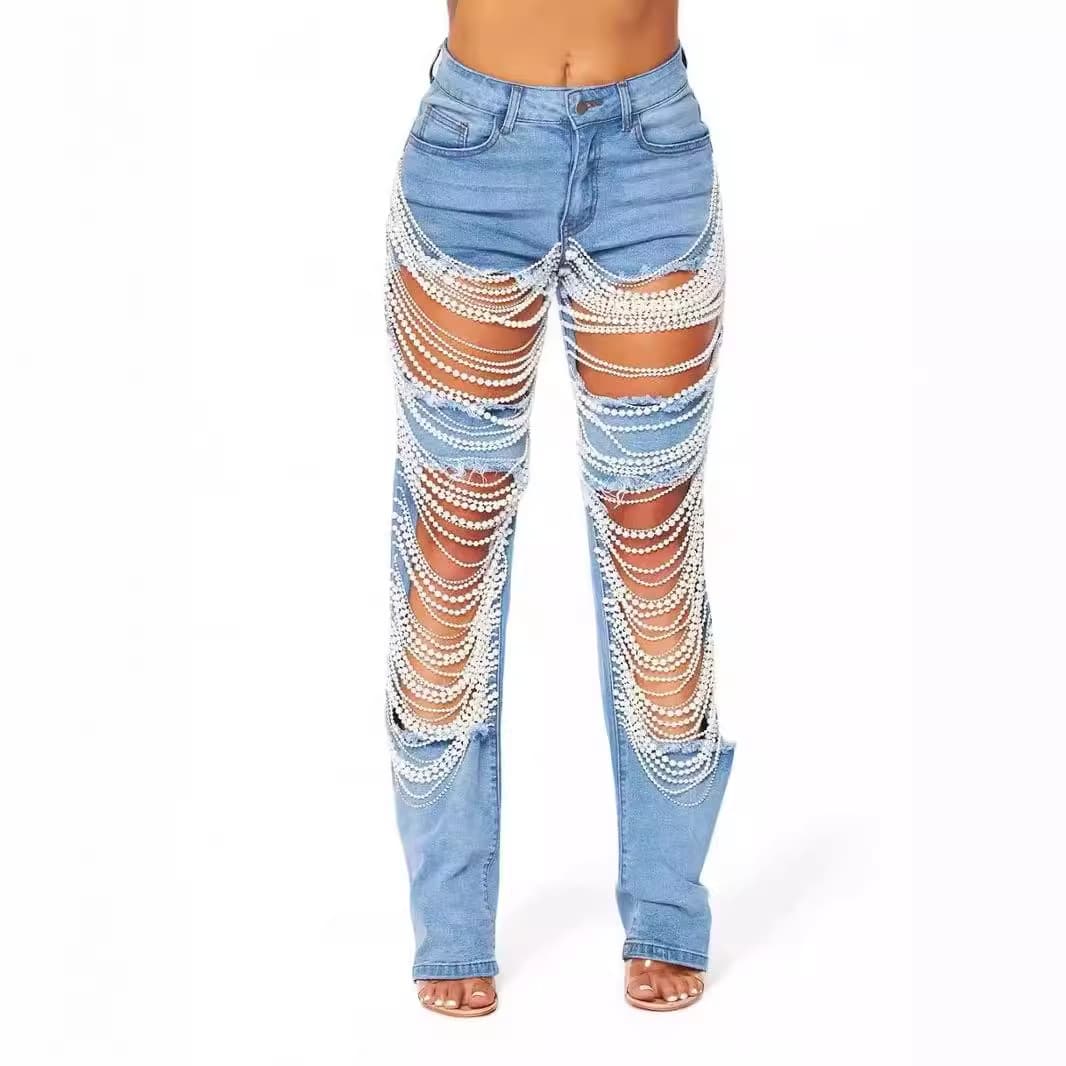 Women's Clothing 2024 large hole jeans women's chain bead necklace pendant straight pants