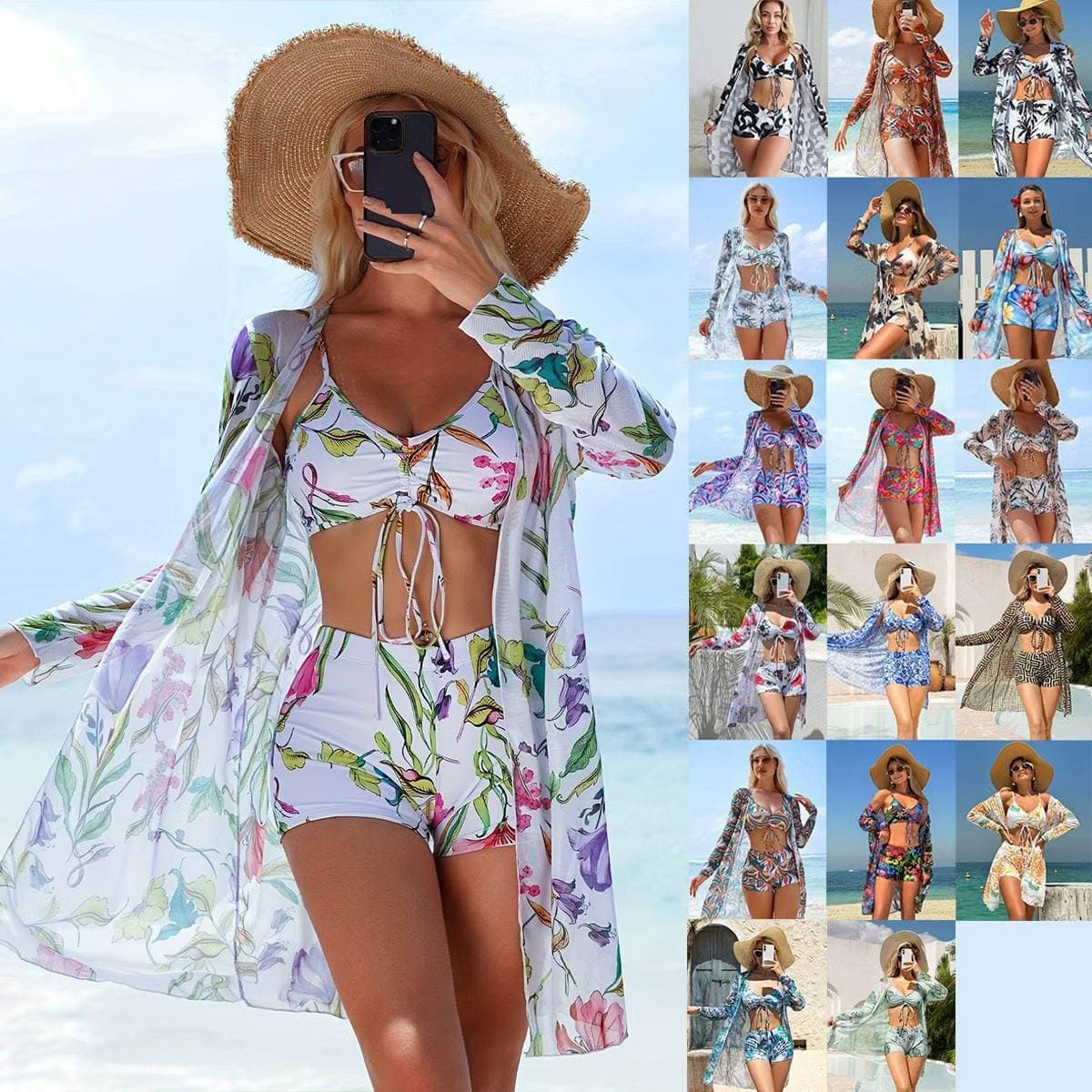 "Women's 3-Piece Bikini Set With Cover-Up – High-Waisted Boxer Briefs, Adjustable Bowknot Top, Breathable Polyester For Beach & Pool"