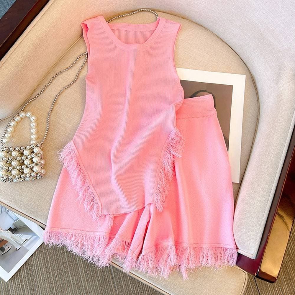 Women's Pink Tassel Knitted Small Camisole + High Waist Wide Leg Casual Shorts