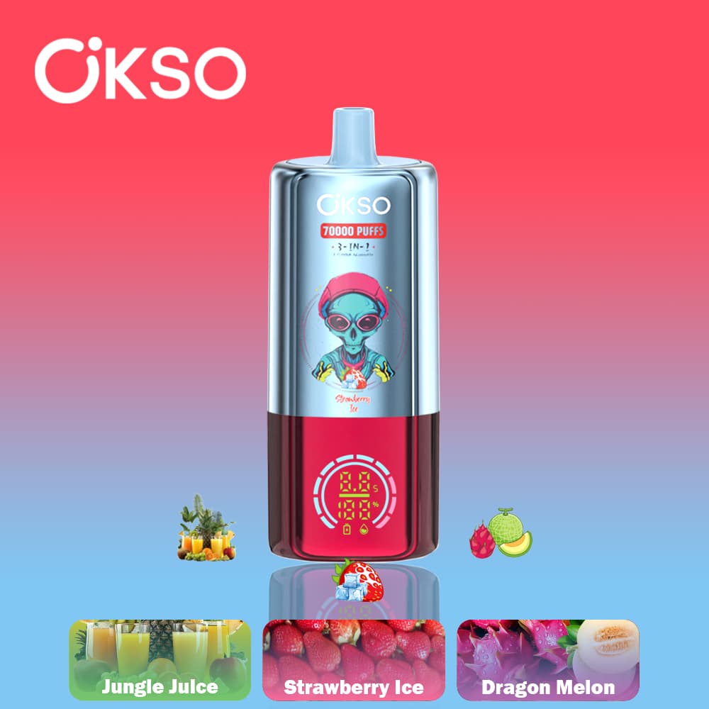 Vape 70K Triple Saveur OKSO 3EN-1 70000 Bouffées Dispositif de Vape Jetable 48ml E-Liquide Prérempli Écran Type-C Support de Cigarette Rotatif Vap