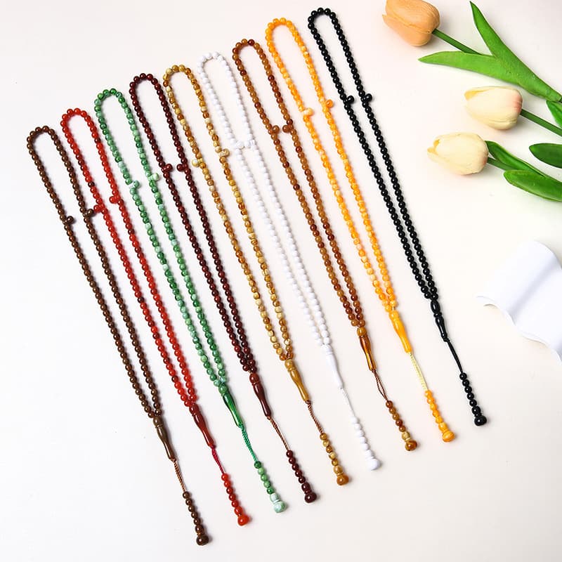 99 Beads Islamic Prayer Beads Tasbih - Traditional Muslim Misbaha For Dhikr & Meditation - Acrylic Dhikr Beads In Emerald Green, Orange, Light Brown