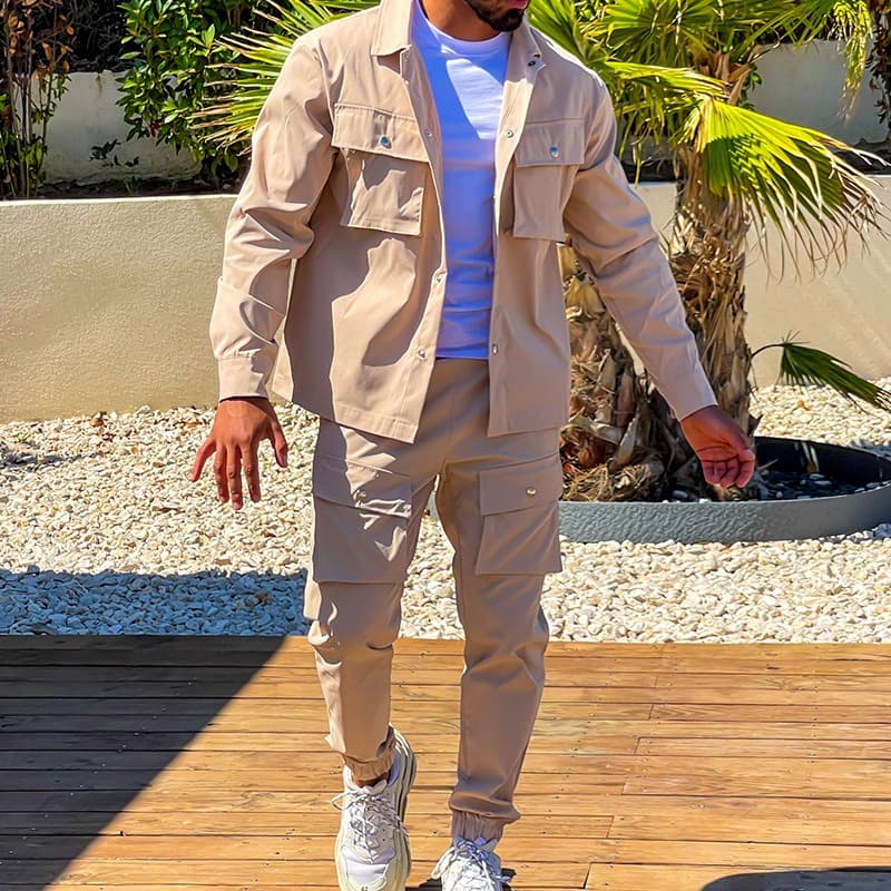 New Winter Men's Casual Pants Autumn Tracksuit Jacket Pant With Pocket 2 Piece Sets Solid Color Male Fashion