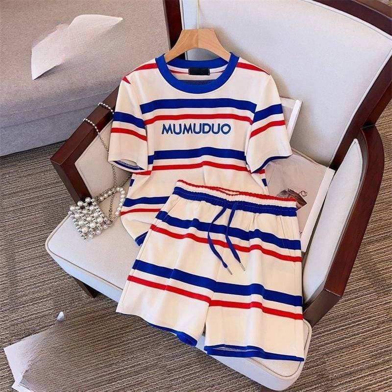 Women's Clothing Fashion Casual Sports Suit For Women Summer New Loose Striped Letter Short Sleeved T Shirt Shorts Two Piece Suit