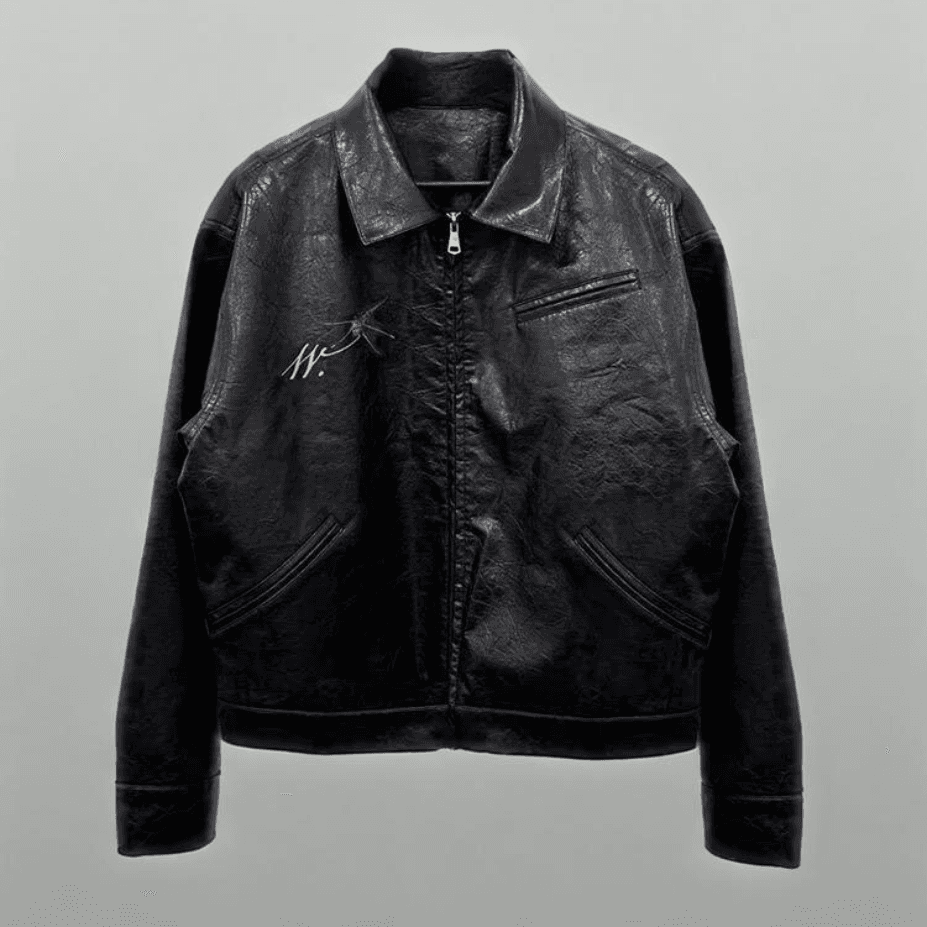Men's Wrinkled Waxed Leather Jacket With Ink Print - Stylish Streetwear Biker Coat For Spring & Autumn