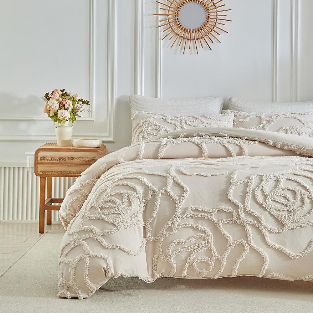 Solid Color Simple Cut Flower Tufted Three Dimensional Flower Bedding Quilt Cover Pillowcase Set