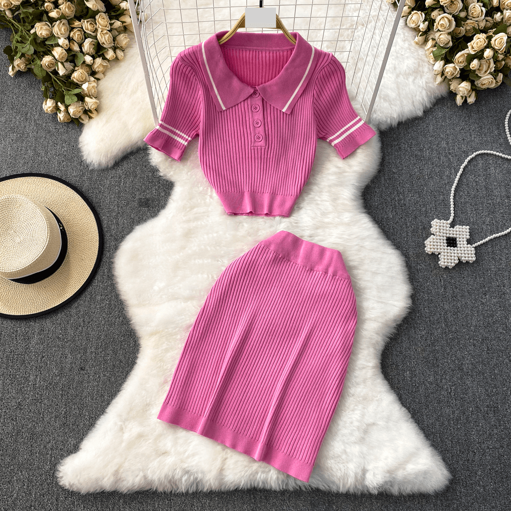Women's Clothing Fashion suit for women, sweet and casual, polo collar, slim fit knitted top, two-piece suit, high waist, hip skirt