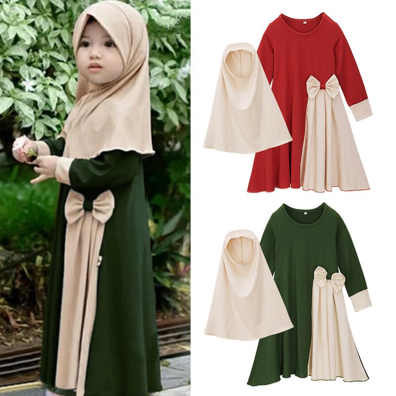 Kids’ Clothing Girls Spring And Autumn Long Sleeved Bow Dress Headscarf Two Piece Children's Clothing Ins Set
