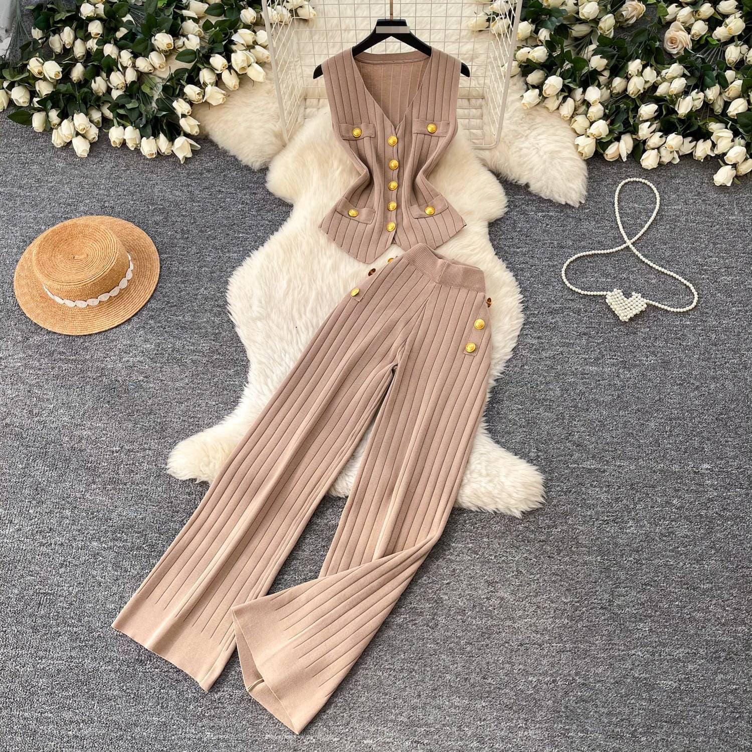 Chic V-Neck Knit Camisole High-Waist Wide-Leg Pant Two-Piece Set Elegant Wide Cuff Trousers Outfit for Women