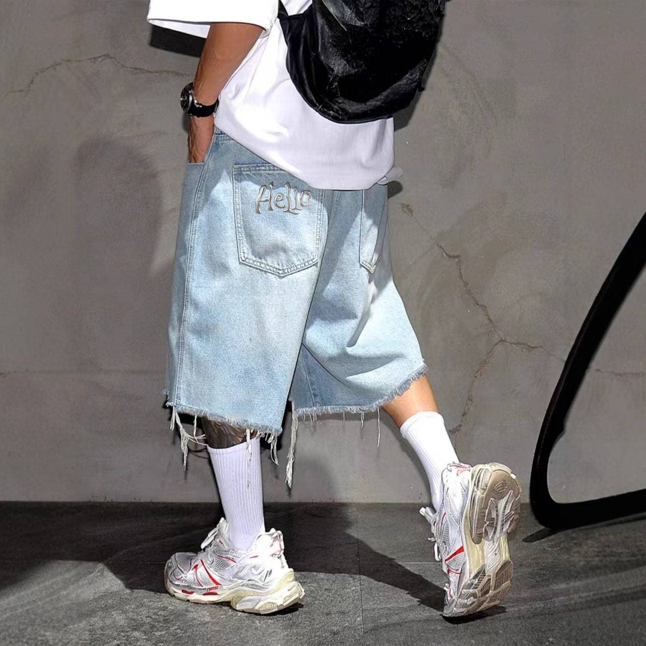 Men's Heavyweight Washed Denim Shorts - Distressed Fringe & "HELLO" Letter Logo 5-Inch Streetwear Shorts