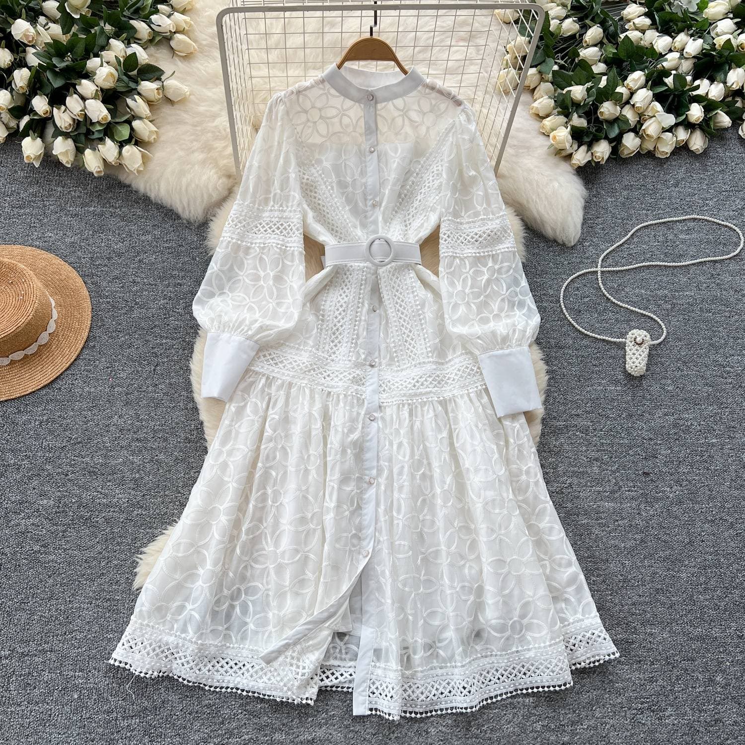Women's Clothing Palace Style Dress Elegant Embroidery Lantern Sleeve Waist Single Breasted Long Skirt