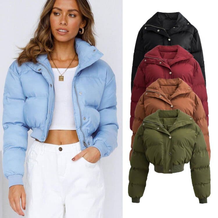 Women's Clothing fashion short slim lapel solid color long sleeved zipper cotton jacket